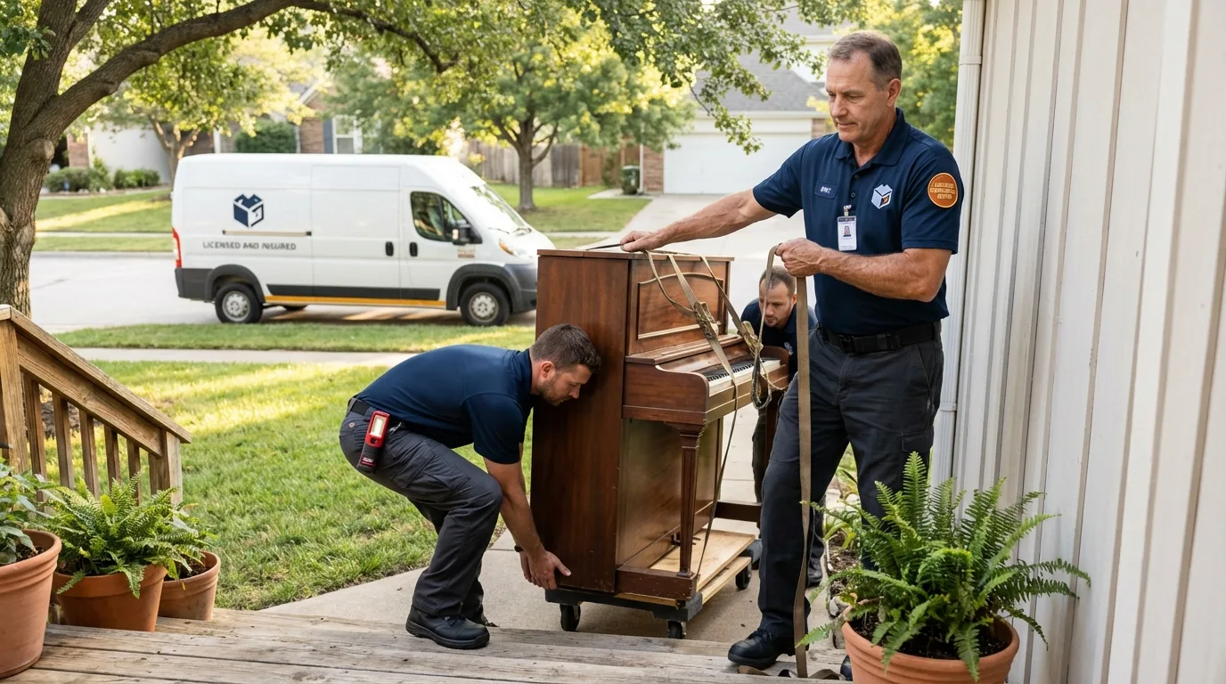 Licensed piano movers securing grand piano in Kiln, MS