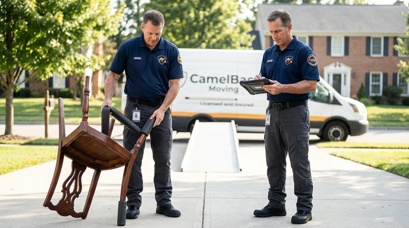 Movers inspecting furniture for damage prevention before loading in Kiln, MS
