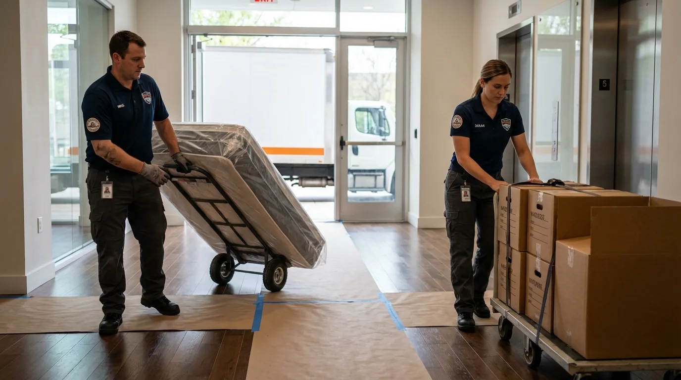 Professional apartment movers loading elevator in Kiln, MS