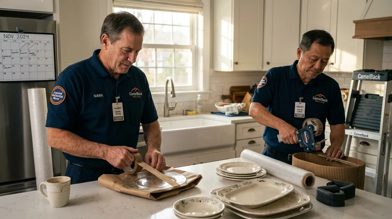 Professional crew packing kitchen dishware in Kiln, MS